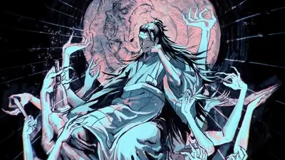 Mystical figure with multiple arms, surrounded by swirling energy