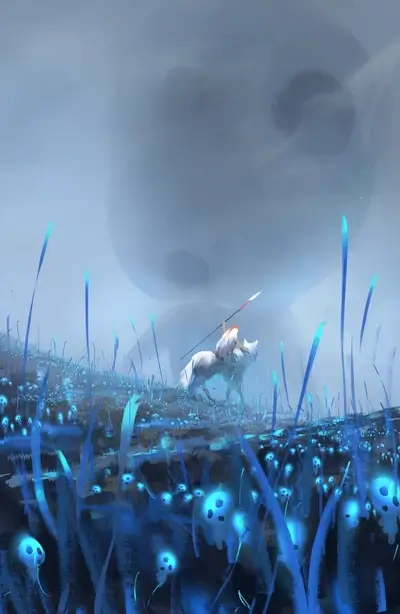 Mystical landscape with a wolf-riding warrior in a field of glowing skulls under giant shadow