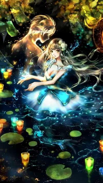 Mystical scene: girl in water with floating lanterns and glowing figure