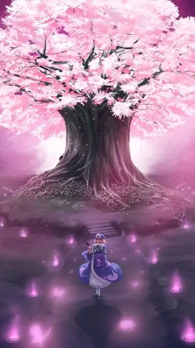 Mystical scenery with cherry blossom tree and a girl standing in a purple