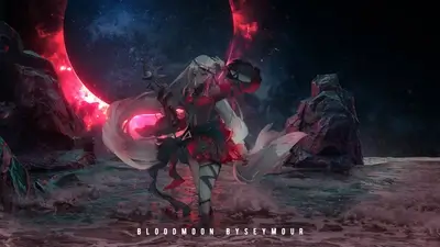 Mystical warrior stands on a blood moon ocean, surrounded by rocky landscapes and ominous planetary bodies