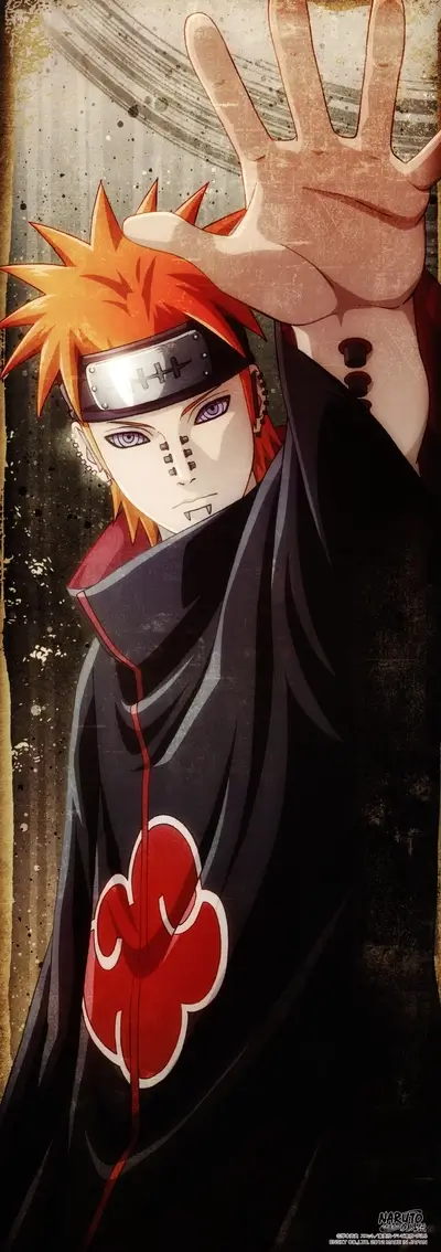 Nagato Uzumaki (Pain) stands out, with open hand coming towards viewer