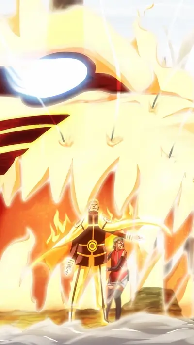 Naruto and a companion stand before a giant fiery figure