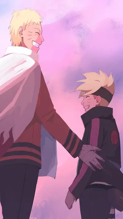 Naruto and Boruto smiling, standing close