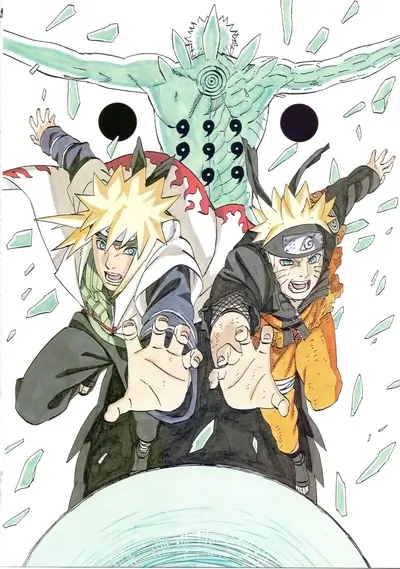 Naruto and Minato fighting together against a giant enemy