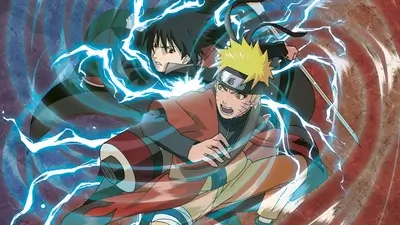 Naruto and sasuke fighting together surrounded by blue glowing lightning