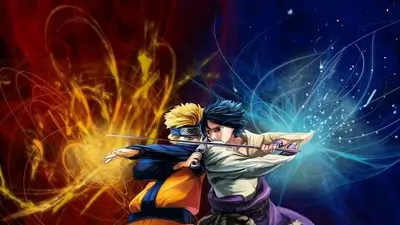 Naruto and Sasuke fighting with red and blue chakra auras