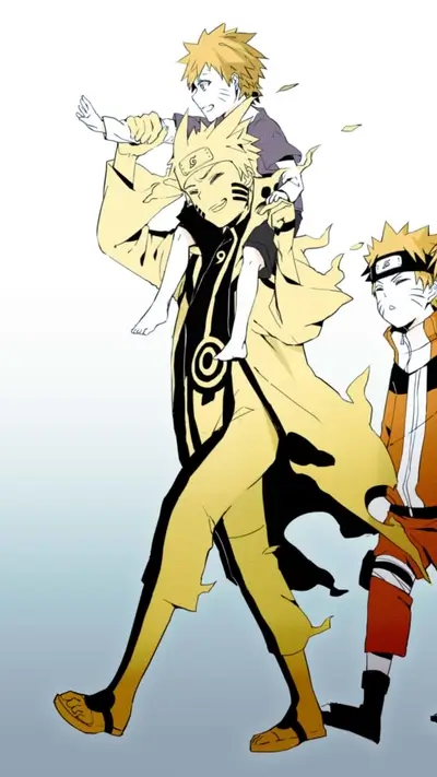 Naruto and son walking, side view of Naruto.