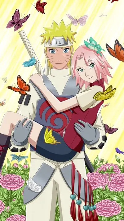Naruto carrying Sakura surrounded by butterflies and flowers, a peaceful scene