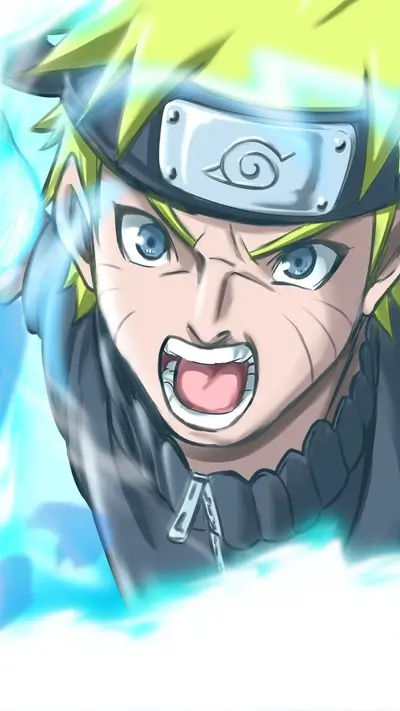 Naruto character close-up, energetic expression, blue energy