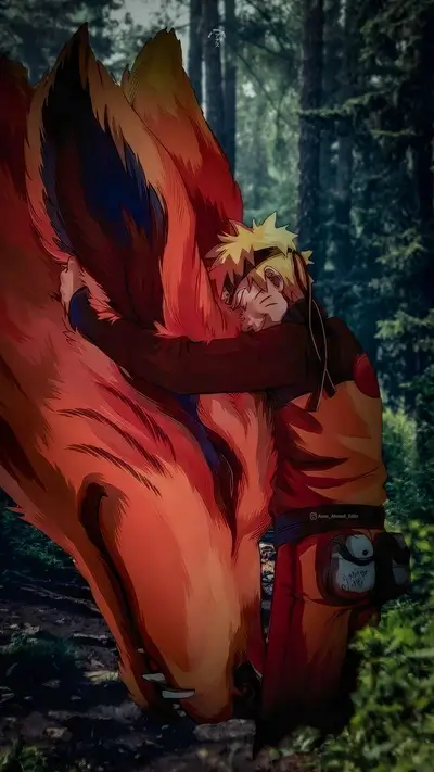 Naruto hugging Kurama in a forest