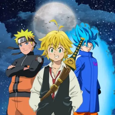 Naruto, Meliodas, and Goku under the moon