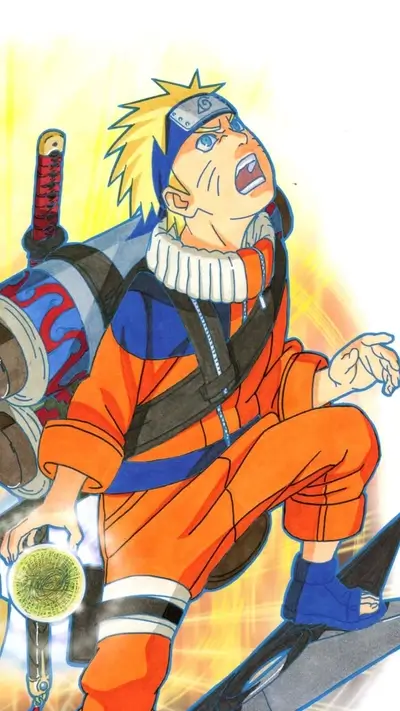 Naruto Uzumaki in action, carrying a scroll and a sword
