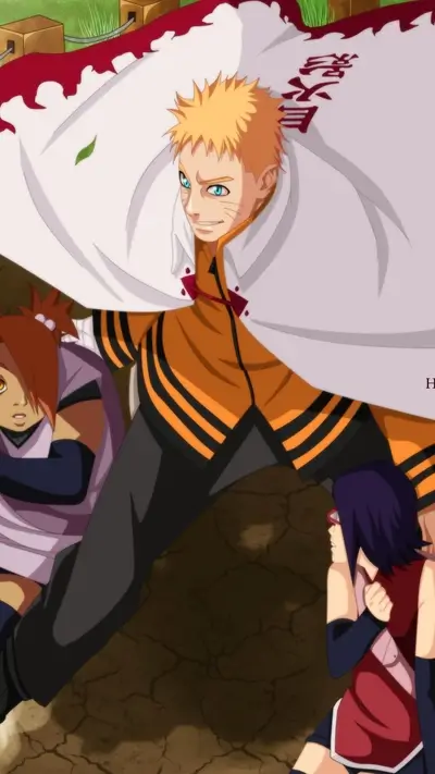 Naruto Uzumaki protects his children, Boruto and Himawari, from danger