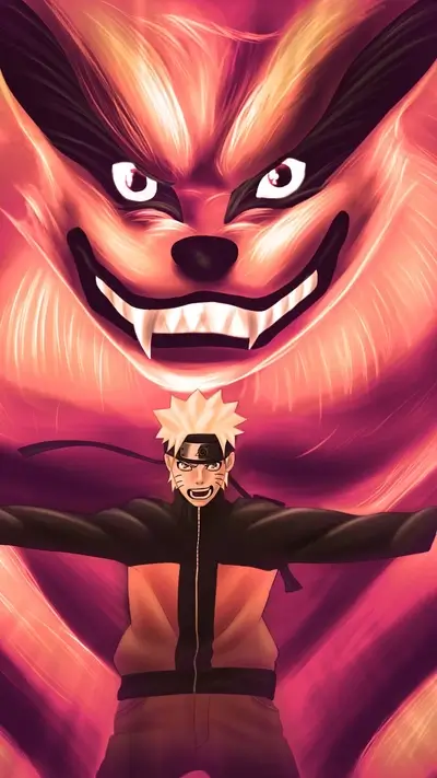 Naruto with Nine-Tailed Fox spirit stands powerfully with hands spread wide
