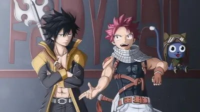 Natsu Dragneel and Gray Fullbuster standing together with Happy