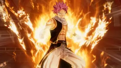 Natsu Dragneel engulfed in intense fiery magic flames