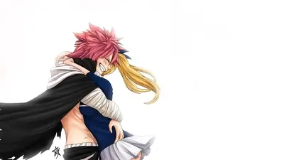 Natsu Dragneel holding Lucy Heartfilia in a passionate embrace