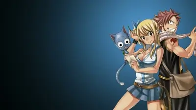 Natsu Dragneel, Lucy Heartfilia, and Happy standing together