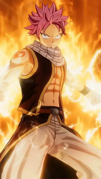 Natsu Dragneel powered up surrounded by intense fire and flames