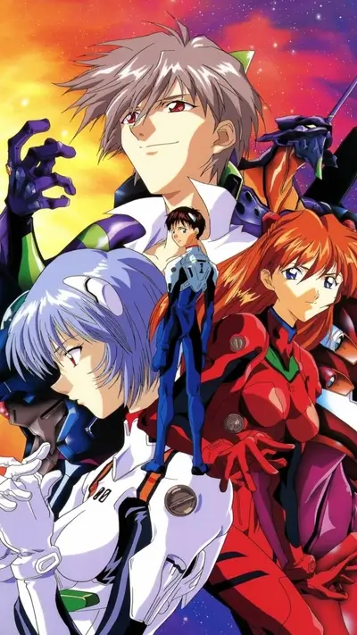 Neon Genesis Evangelion pilots gathered together against a vibrant background