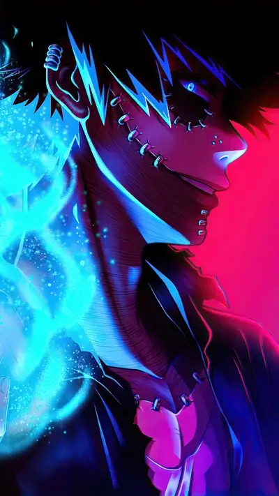 Neon-lit profile of a scarred character