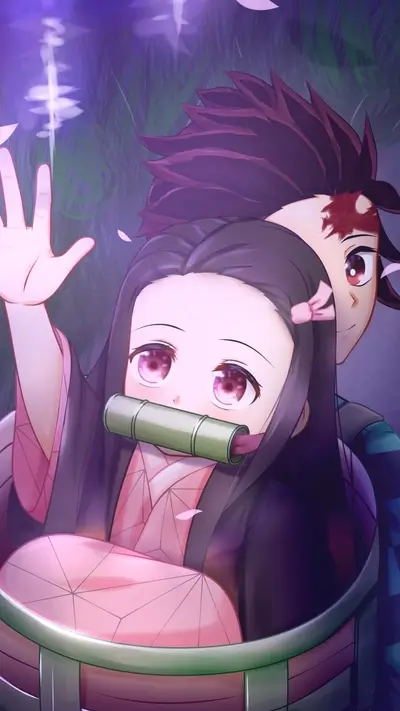 Nezuko Kamado with her brother, Tanjiro, reaching out in demon slayer