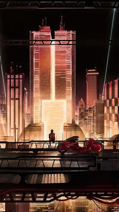 Night city view with a lone figure and motorcycle