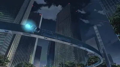 Night cityscape with tall buildings and a traffic light