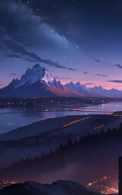 Night landscape with a mountain range and a lake