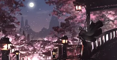 Night scene in a Japanese town with a figure