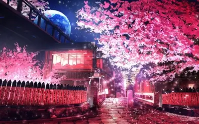 Night scene of a Japanese street lined with cherry blossoms