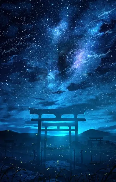 Night sky over a Japanese torii gate