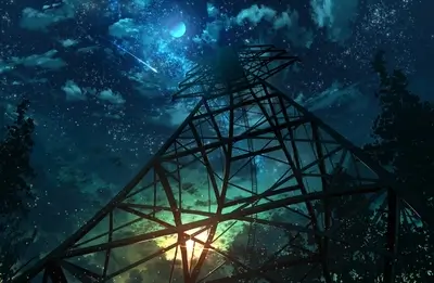 Night sky, starry, tall metal structure, trees