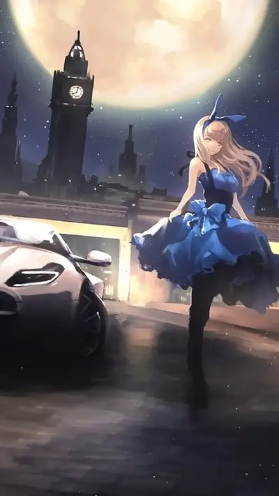 Nighttime anime girl in blue dress standing by a car under the moonlight