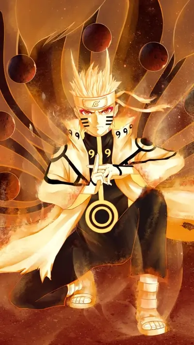 Nine-tailed fox spirit in radiant golden aura, surrounded by mystic orbs