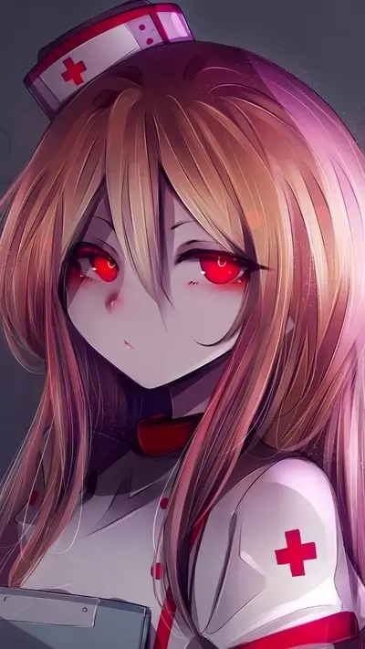 Nurse with piercing red eyes, blonde hair, and a sinister aura