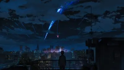 Observing meteor shower on rooftop, gazing at twinkling city lights and starry sky