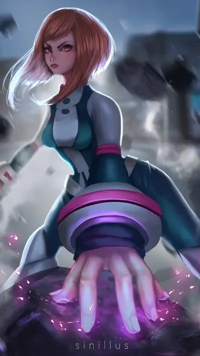 Ochaco Uraraka preparing to use her quirk, Zero Gravity, in an action scene