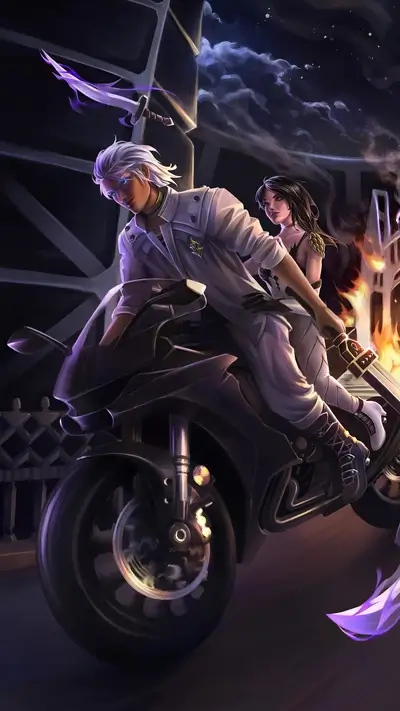 On motorcycle escaping the burning building, swords flying around, riding into the night