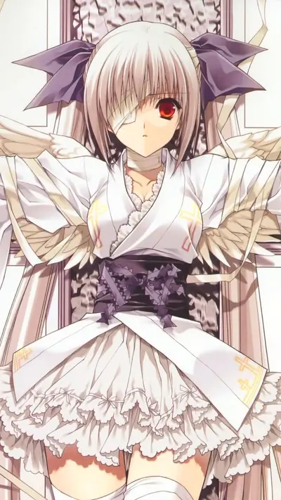 One-eyed girl with white hair, cross patterns, and wings.