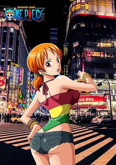 One Piece character in a Japanese city at night