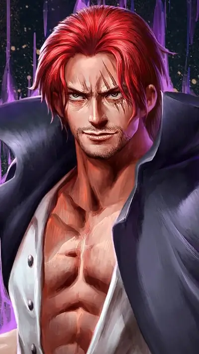 One Piece character, Shanks, art-style rendering with red hair and noticeable facial scars, stern and serious expression
