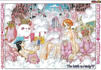 One Piece characters bathing in a pink bath