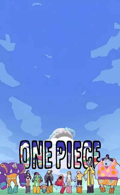 One Piece characters in a stylized, vibrant landscape