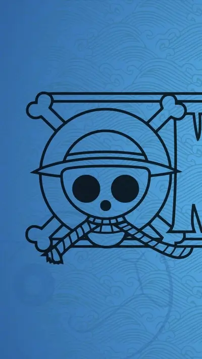 One Piece jolly roger in black outline on blue background