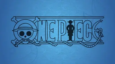 One Piece logo on a blue wave background