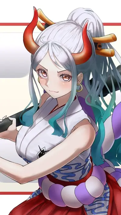 One Piece's Yamato portrait with horns, bars, white hair, and detailed, colorful clothing