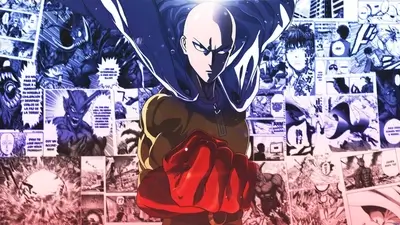 One-Punch hero Saitama, determined, stands against a backdrop of manga panels
