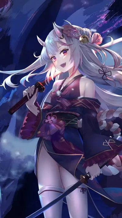 Oni girl in a kimono holding two swords